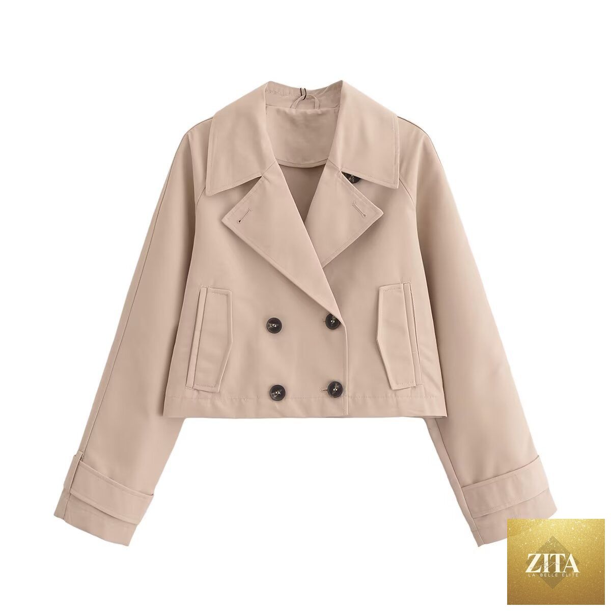 Elegant women's French trench coat with long sleeves, European and American style, featuring a classic tailored fit and neutral color.