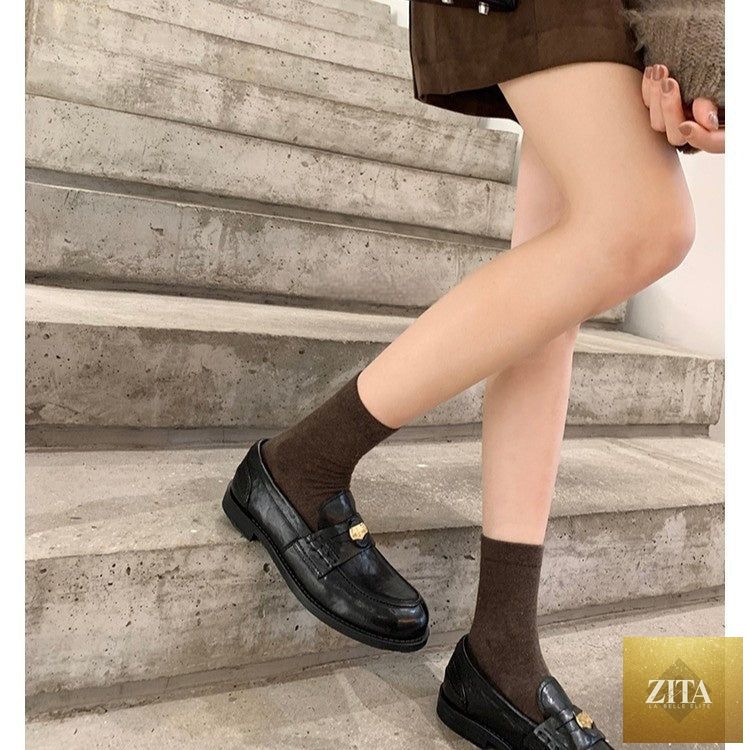 Women's British-Style Gold Coin Loafers by FitiqueFit, leather slip-on shoes with block heels and classic design.