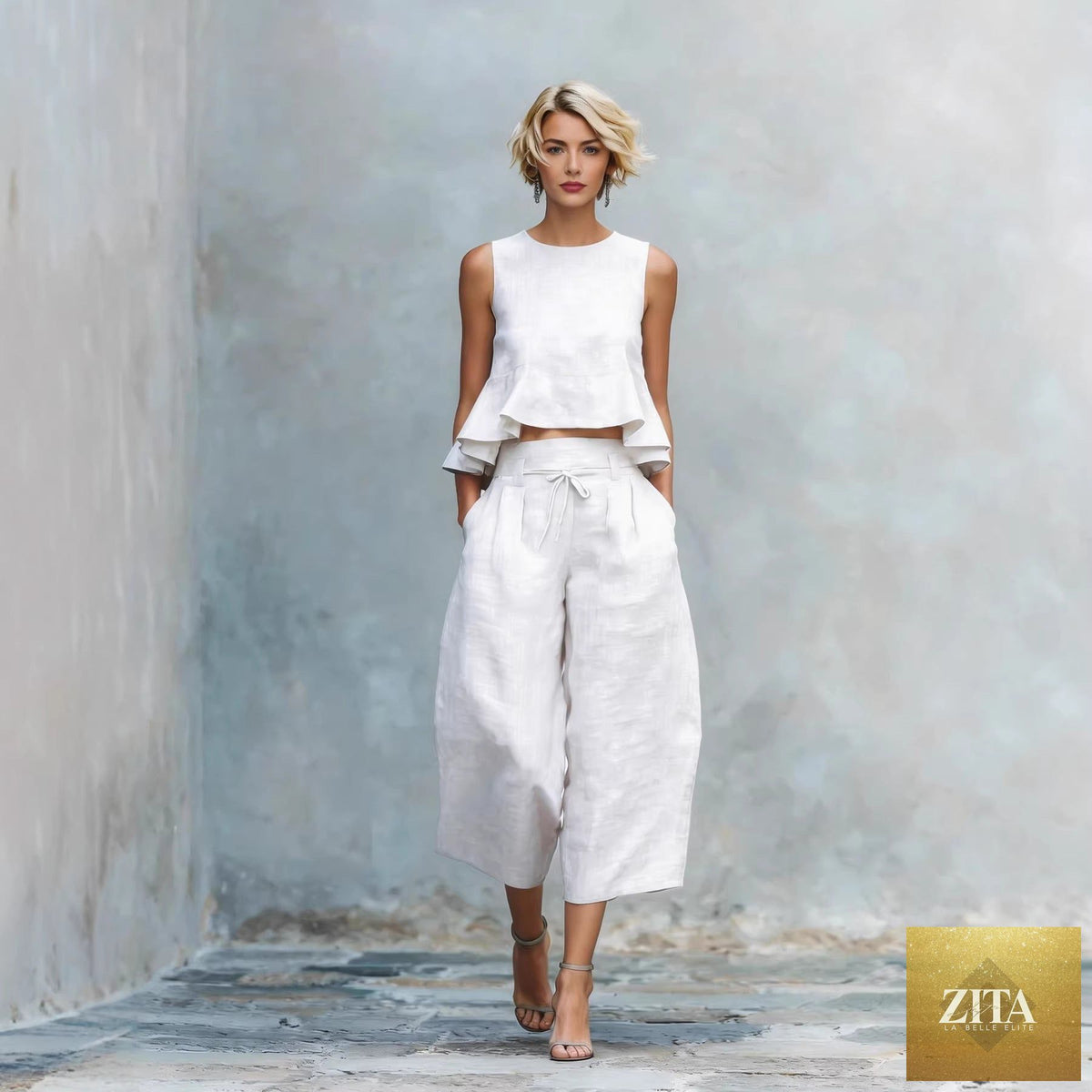 Women’s linen-blend sleeveless two-piece set with ruffled detailing, casualwear by Zita La Belle Elite, shown on a model.