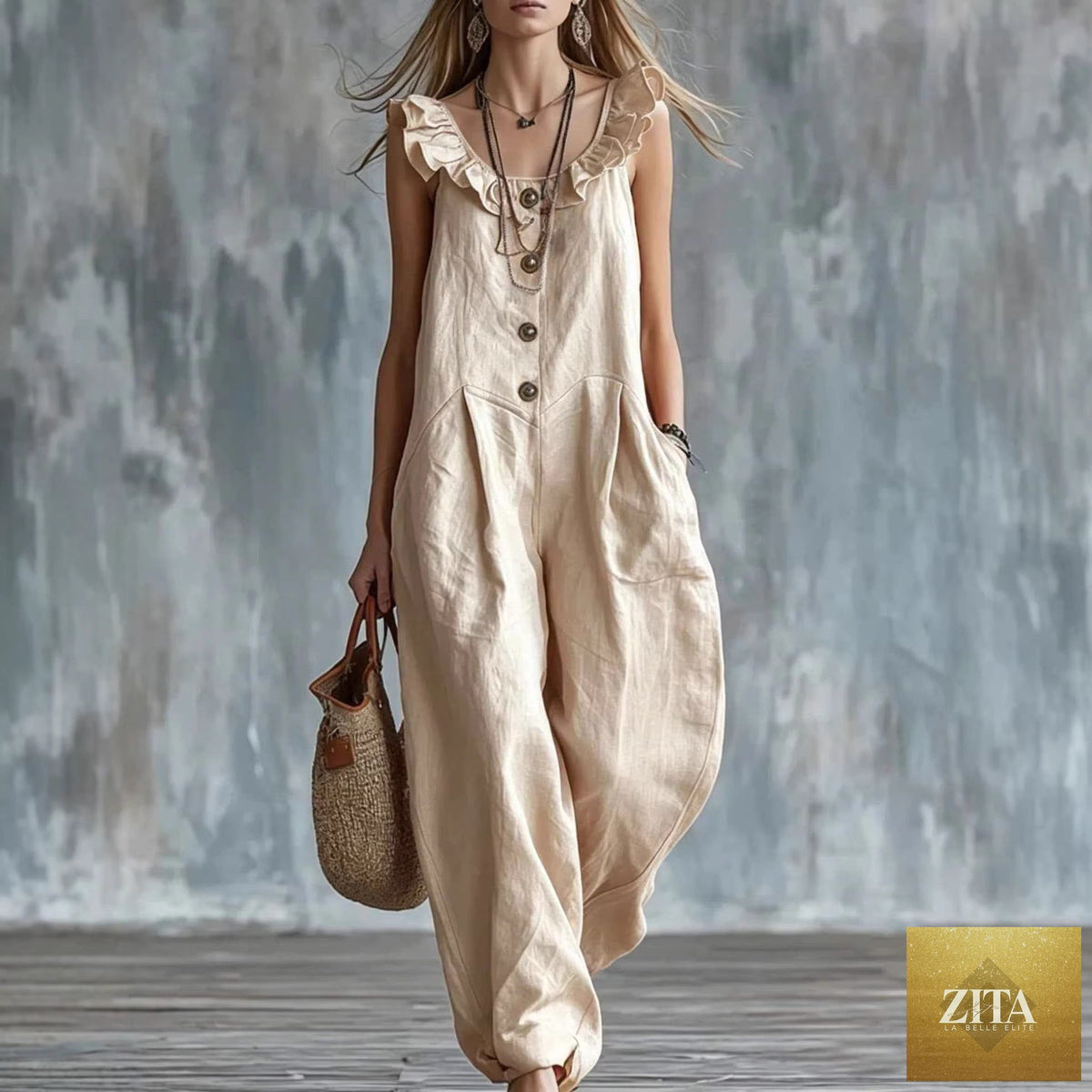 Women's sleeveless button-down tank jumpsuit by FitiqueFit, casualwear style with a relaxed fit and front button details.