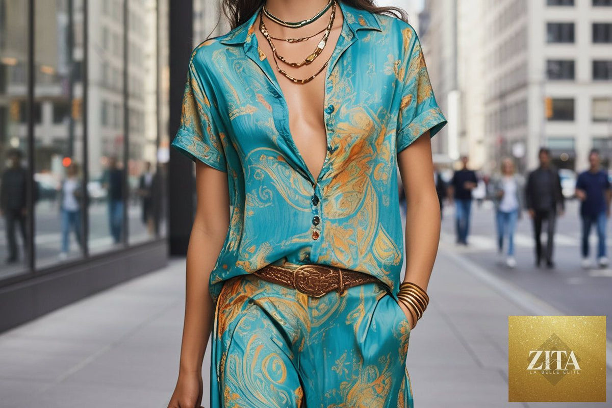 Women's bohemian printed resort two-piece set by Zita La Belle Elite with 3/4 sleeve shirt and matching pants, casualwear style.