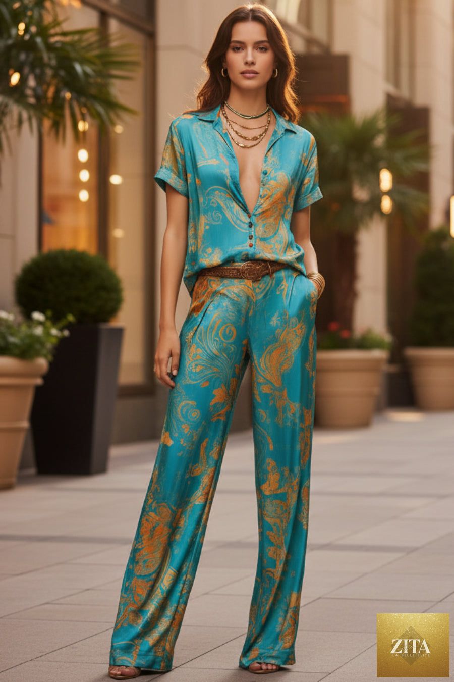 Women's Marble Swirl Print Satin-Look Short Sleeve Shirt & Wide-Leg Pants Resort Set