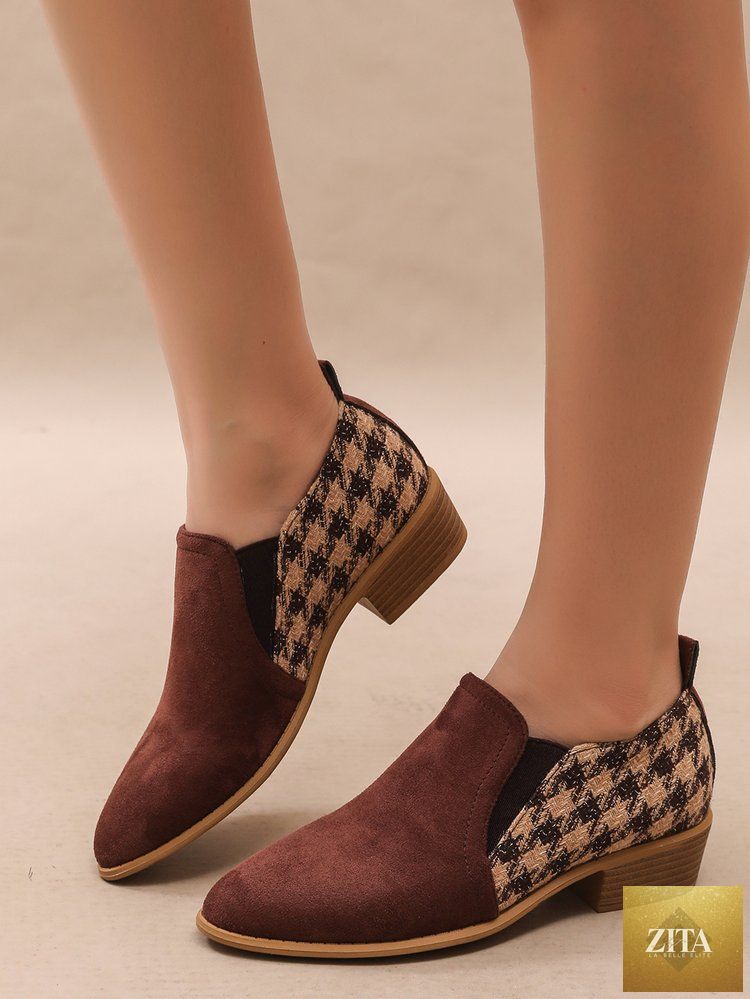 Women’s retro color-block slip-on heels by FitiqueFit, round toe mid-heel dress shoes with vibrant color accents.