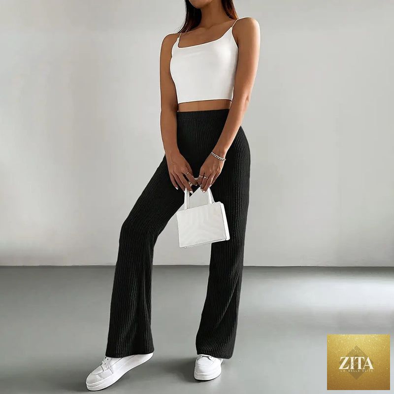 Solid rib-knit pull-on jogger pants for women by FitiqueFit, casualwear with a comfortable, tapered fit and elastic waistband.