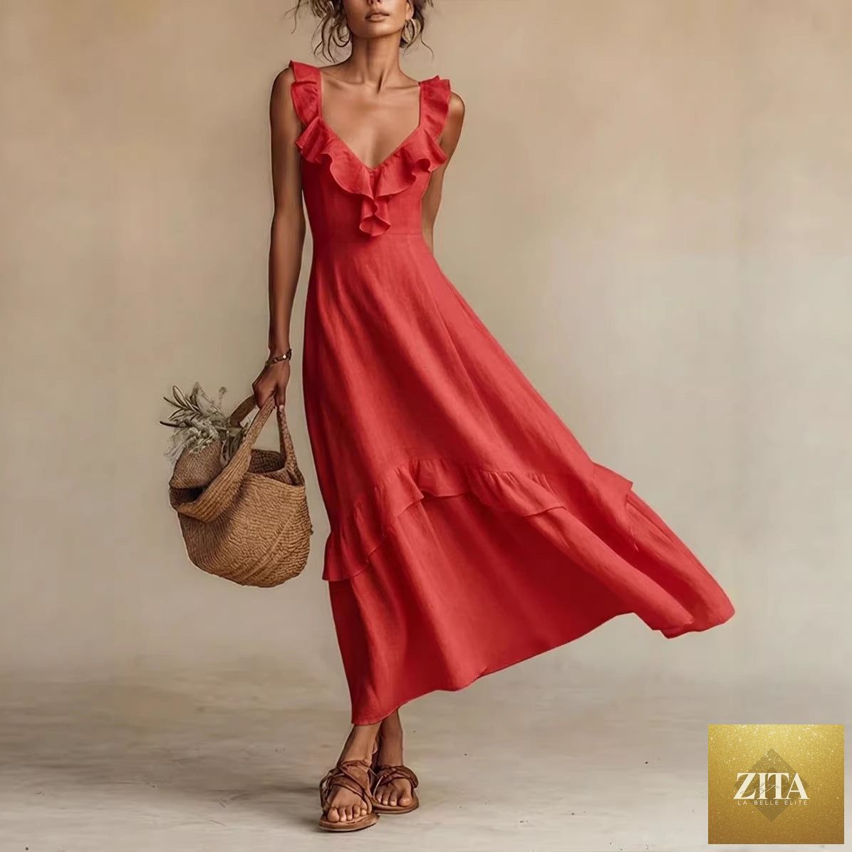 FitiqueFit sleeveless ruffle detail high-waist maxi dress in casualwear style, available in 7 colors, sizes S to 3XL.
