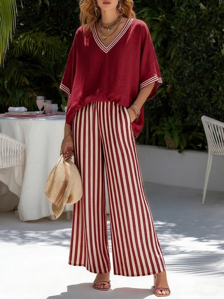 Women's striped tunic top and casual trousers two-piece set by FitiqueFit, featuring a stylish, comfortable casualwear look.