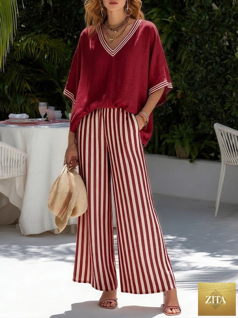 Zita La Belle Elite women's striped tunic top and casual trousers two-piece set, featuring comfortable, stylish casualwear for women.