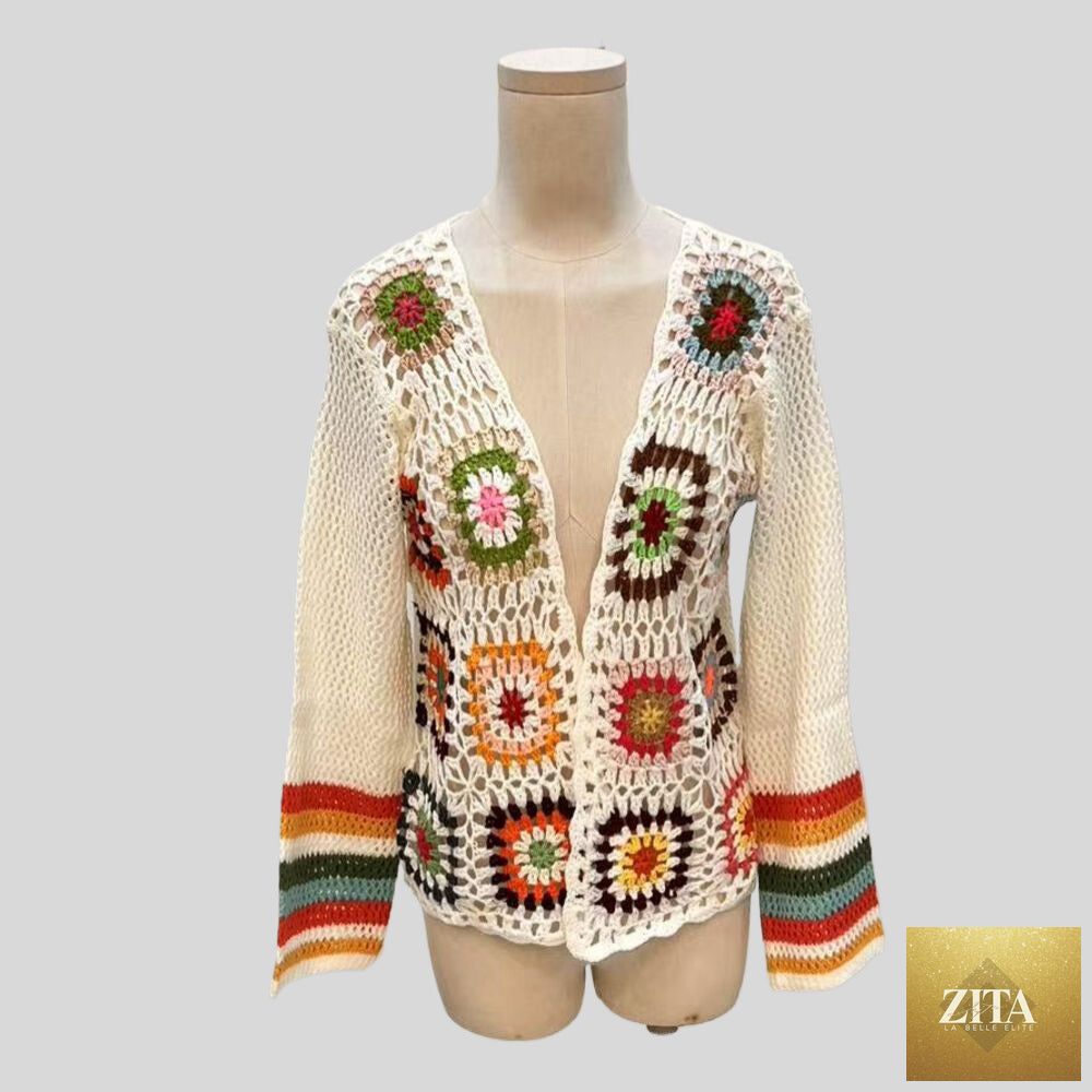Hand-crocheted floral boho open front cardigan sweater by FitiqueFit, featuring colorful floral knit pattern and casual open-front design.