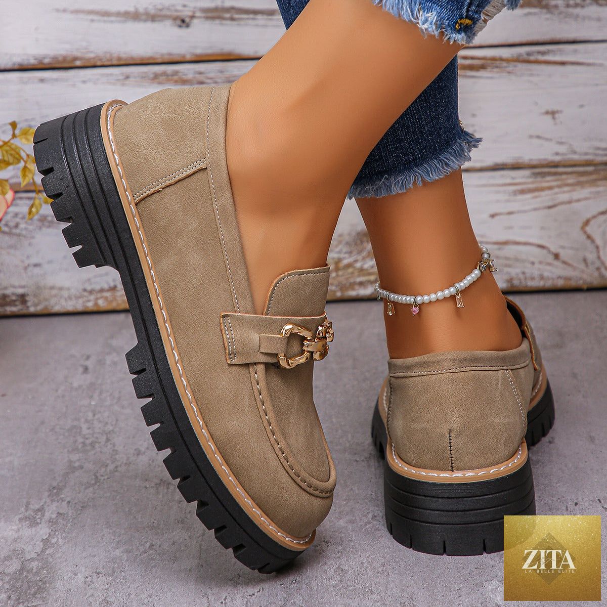 Women's British-Style Chunky Block Heel Low-Top Shoes by FitiqueFit, featuring black leather uppers and sturdy low heel.