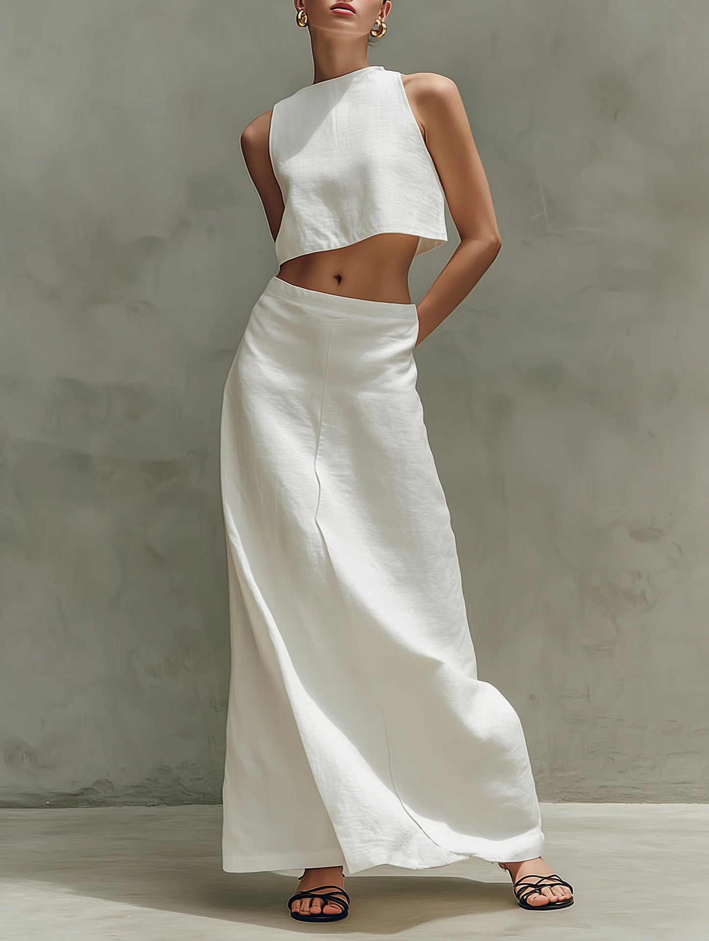 Women's sleeveless slimming maxi dress and two-piece casualwear set by FitiqueFit, featuring a fitted top and flowing skirt style.