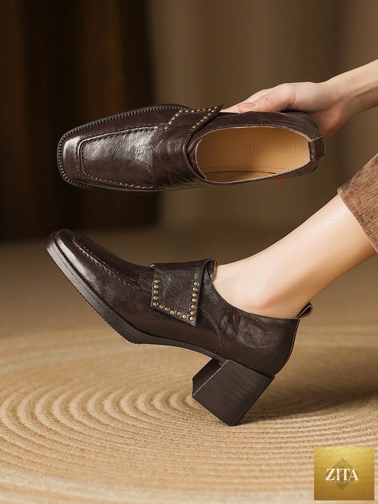 Women's British Style Square Toe Chunky Heel Pumps by Zita La Belle Elite with deep vamp and studded details, showcasing elegant footwear design.