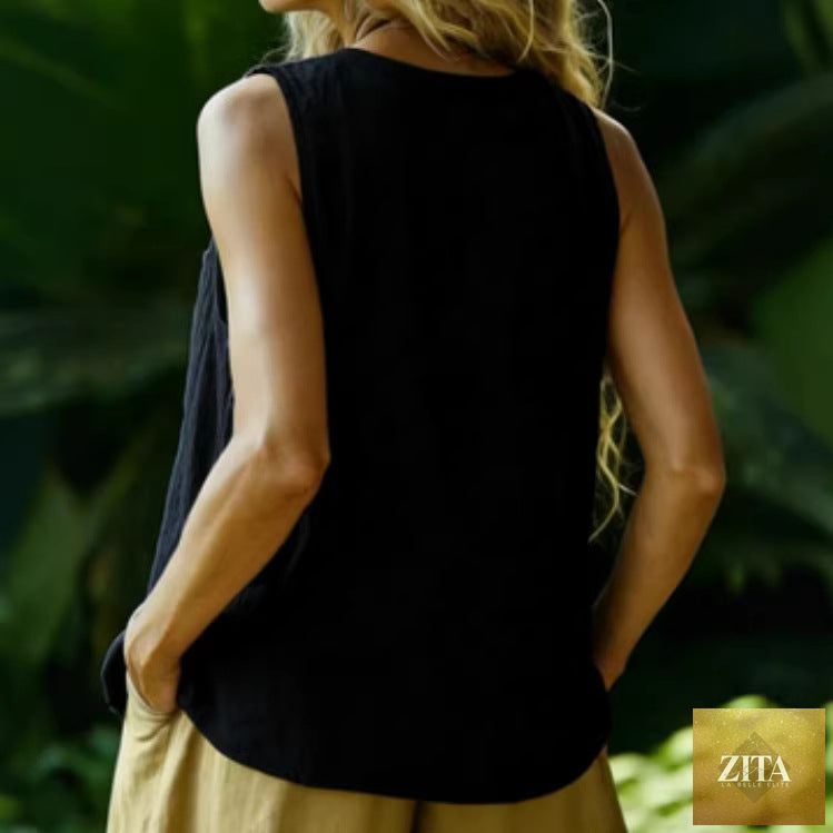 FitiqueFit cotton-linen sleeveless V-neck button shirt in three colors, casualwear, displayed on a mannequin or model.
