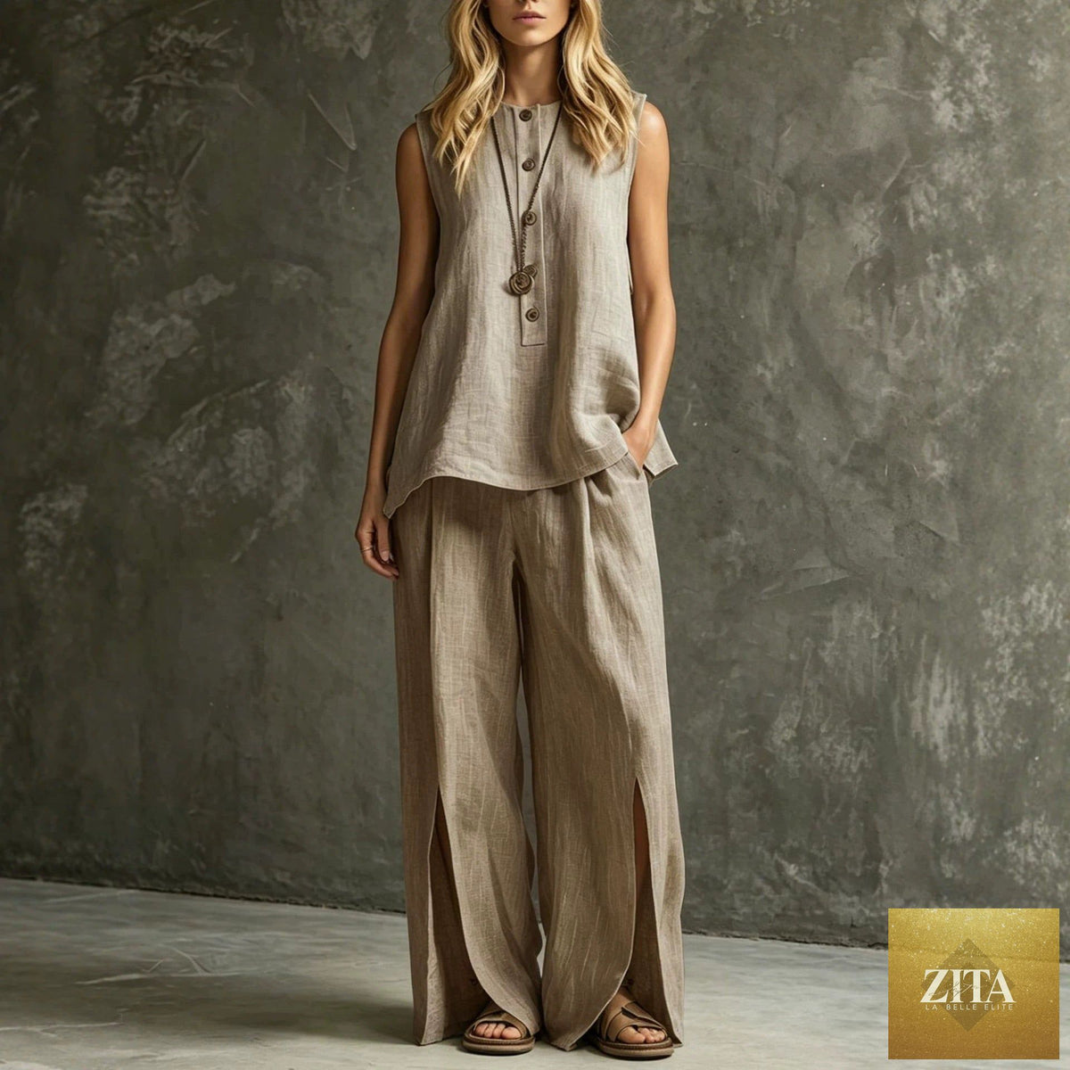 Zita La Belle Elite women's casual sleeveless tank top and wide-leg pants two-piece set, featuring a loose fit and slit design.