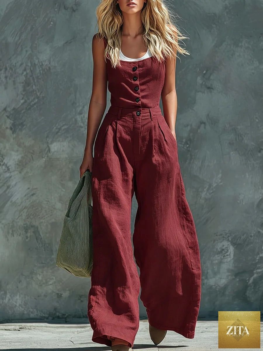 Women's retro button-front high-waist wide-leg jumpsuit by Zita La Belle Elite, casualwear, shown in a stylish pose.