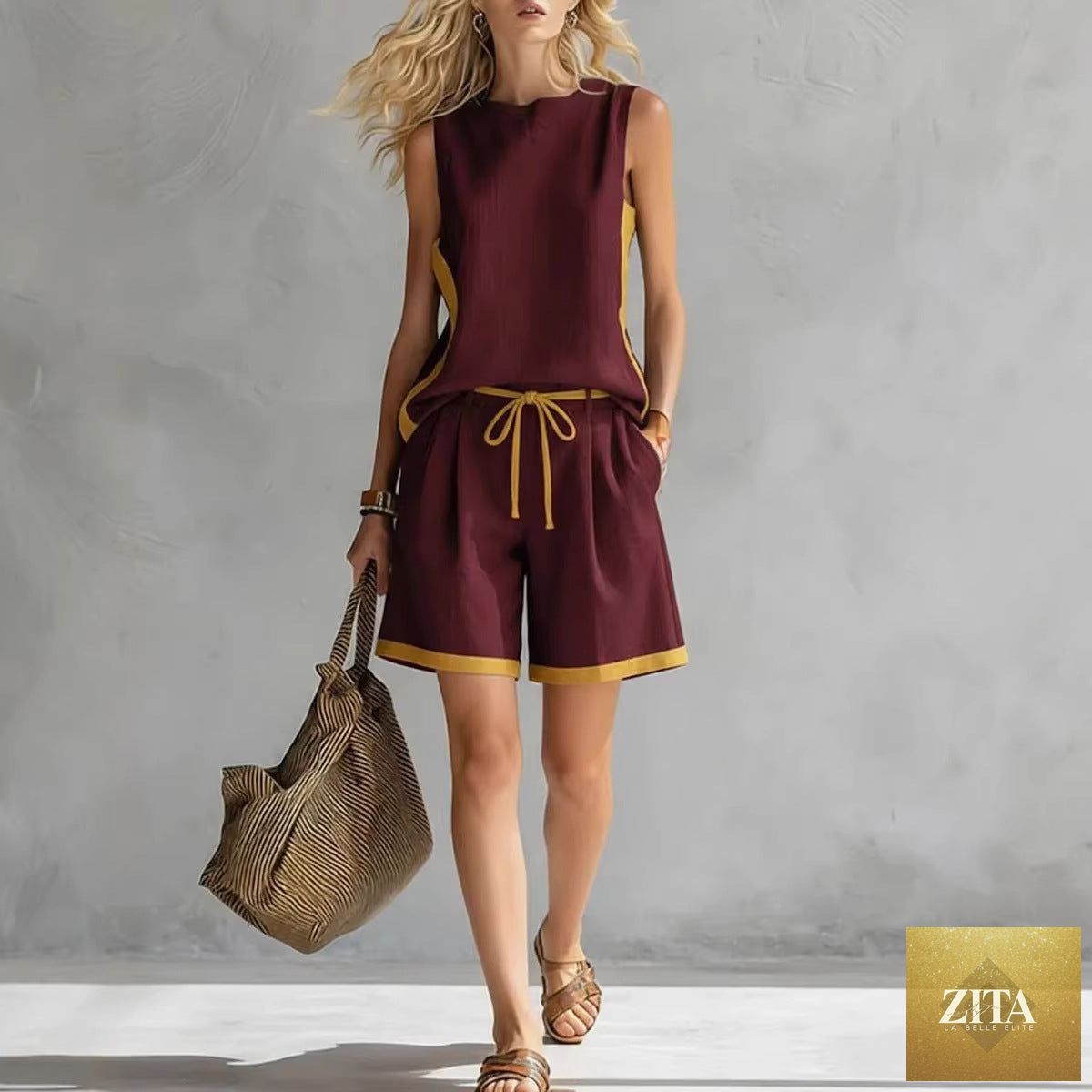 Zita La Belle Elite casualwear set featuring a solid color loose vest and matching shorts, perfect for relaxed, stylish comfort.