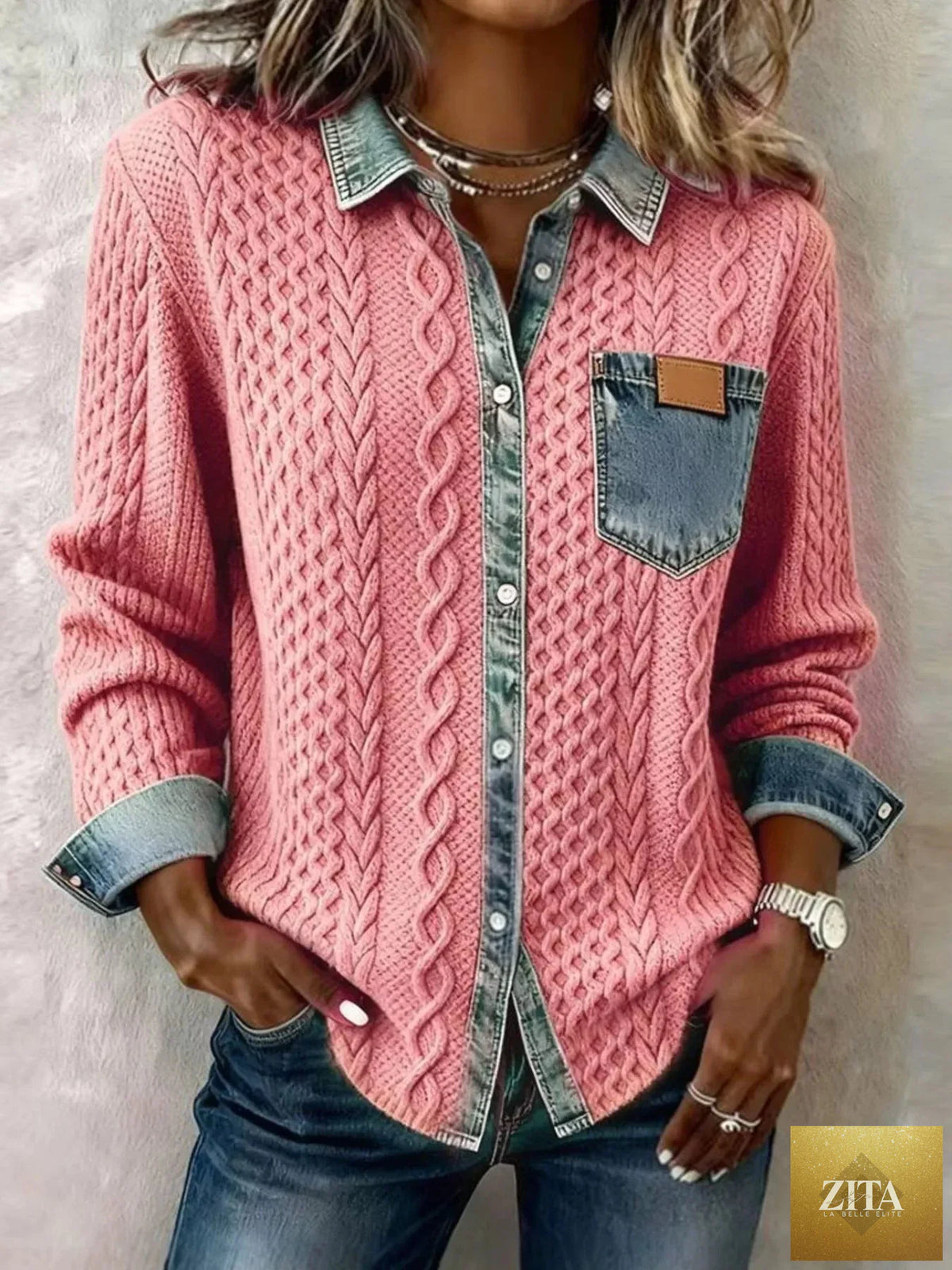 Denim Trim Cable Knit Cardigan