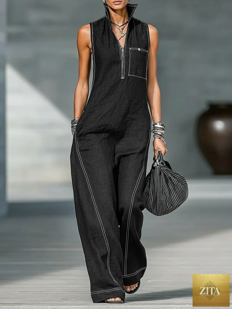 LadyShow.Store women's summer casual sleeveless jumpsuit with stand-up collar and pockets, perfect for relaxed, stylish summer wear.