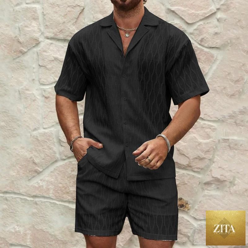Mandotos men's summer tracksuit with lapel shirt and shorts, perfect for beach holidays, relaxed fit two-piece cover-up swimsuit.