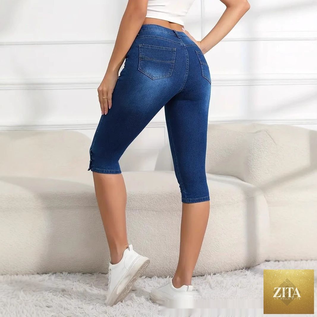 Plus-size women's slim-fit Capri pants from My Store, shown in a versatile style with a close-up of the fabric and fit.