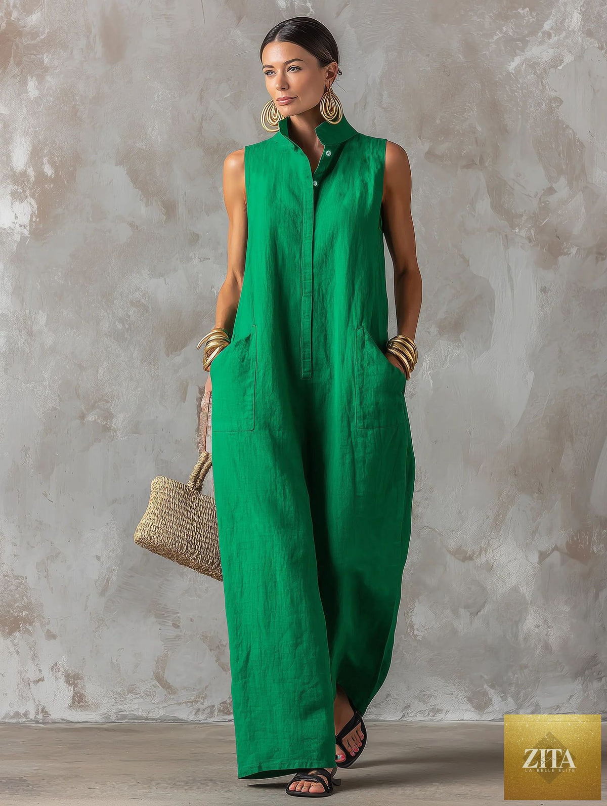Linen blend sleeveless jumpsuit with stand collar by FitiqueFit, available in five colors, sizes S to 3XL.