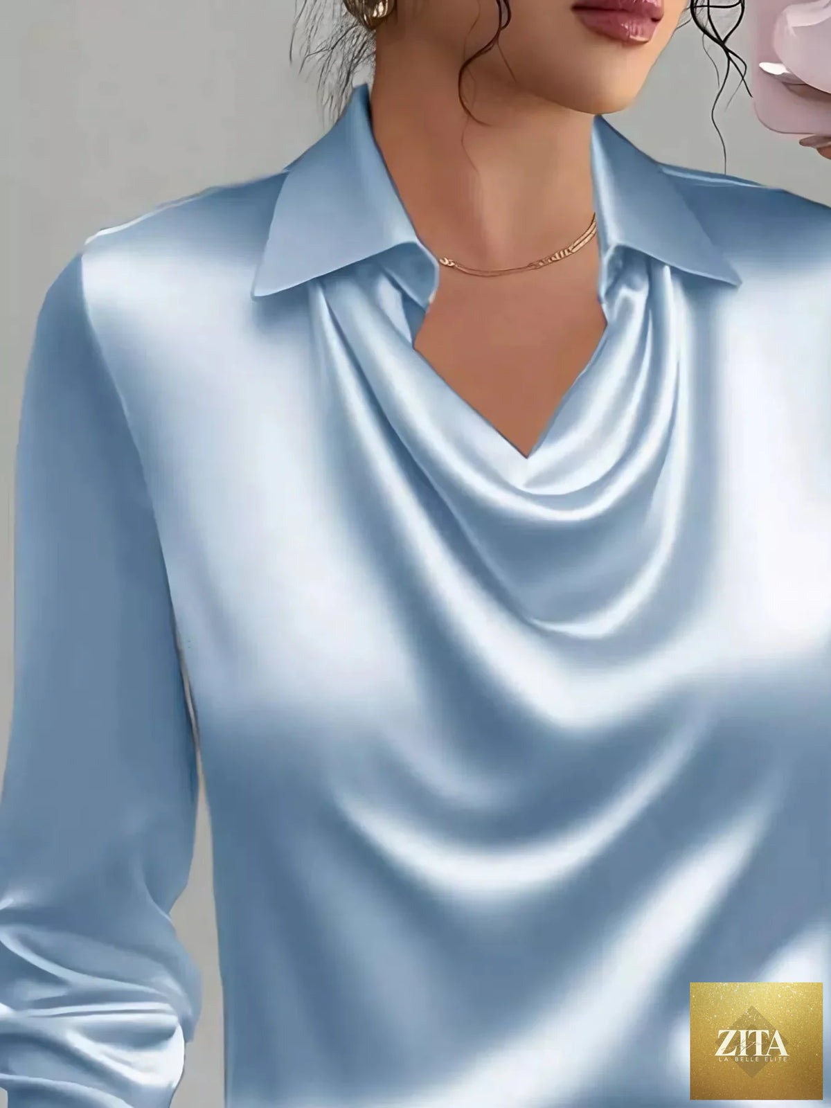 Zita La Belle Elite satin long sleeve blouse with a collared neck, shown in a sleek, smooth satin fabric.