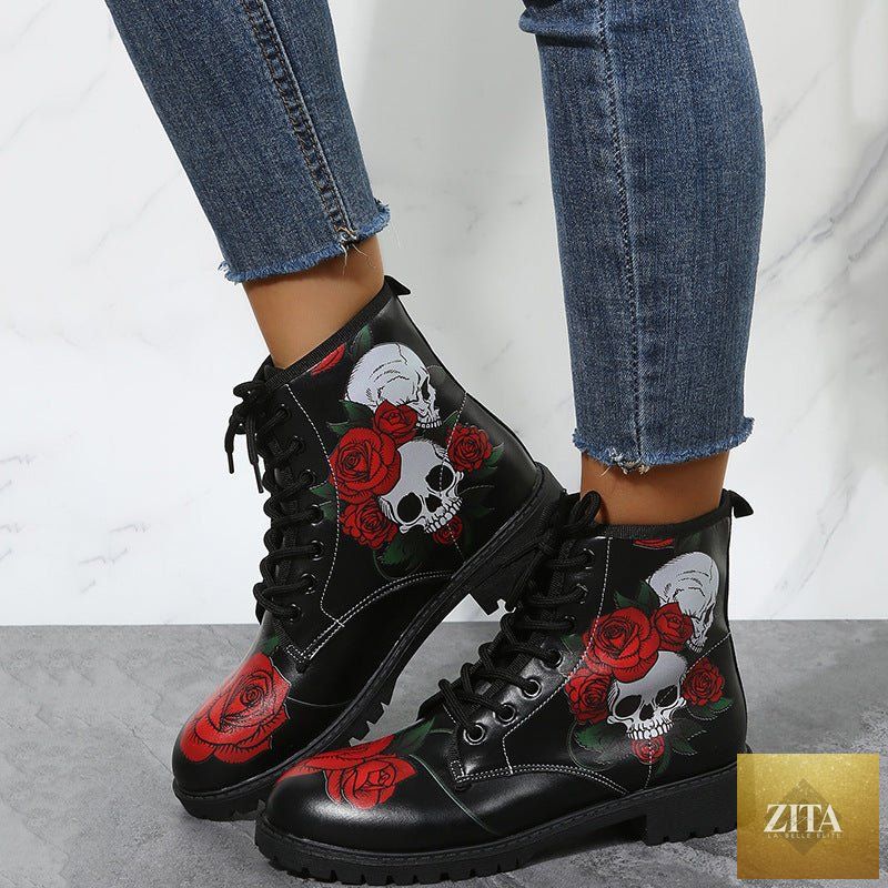Mandotos women's high top workwear boots with large Halloween cartoon print and colorful patterns, perfect for festive and casual wear.