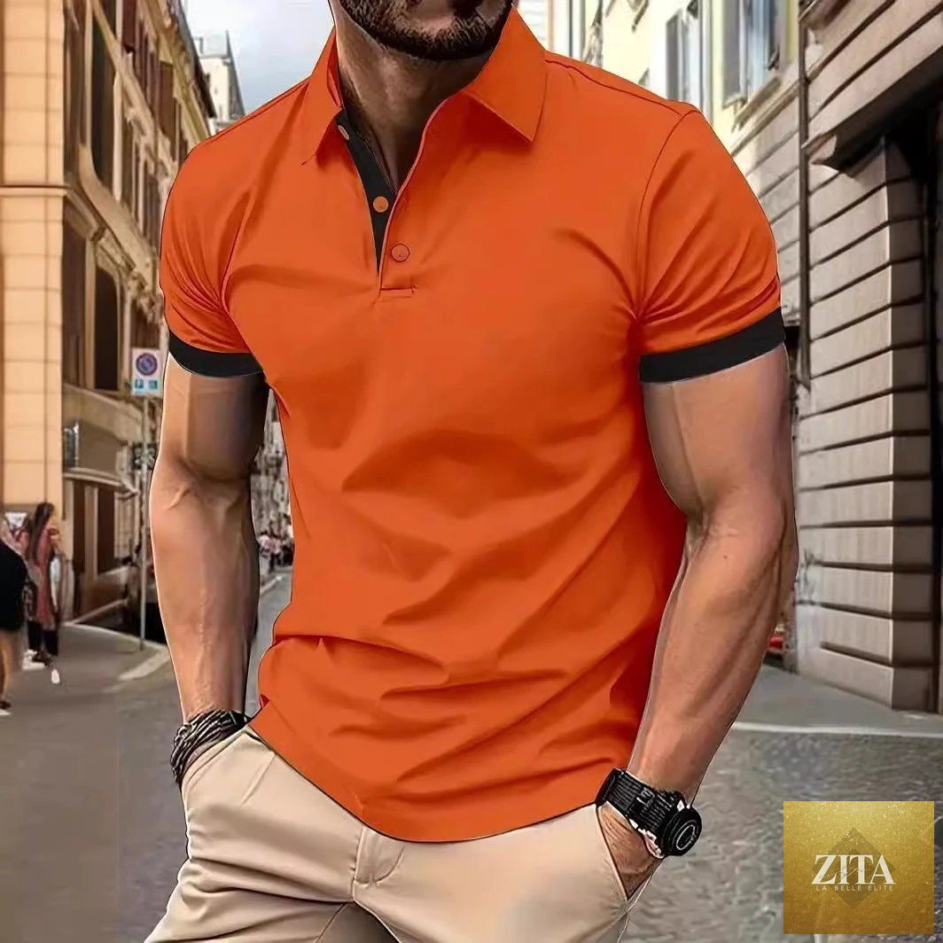 Mandotos men's short sleeve business polo shirt, casual summer style, light fabric, navy color, displayed on a model.