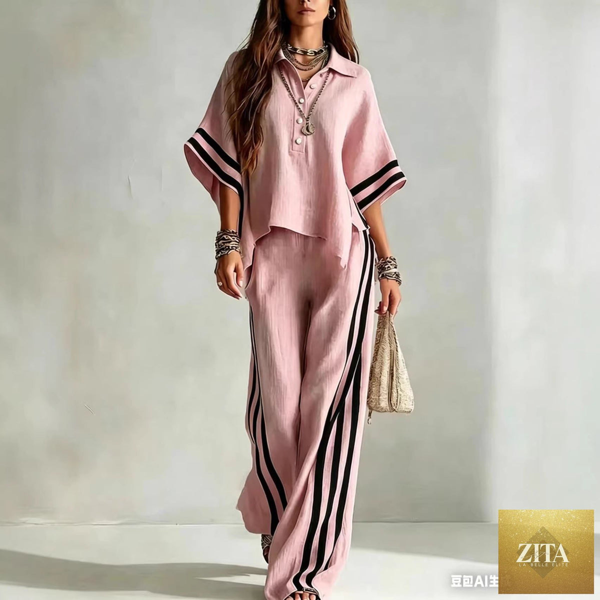 Zita La Belle Elite women's short-sleeve shirt and loose pants two-piece set, casual fashion ensemble, front view.