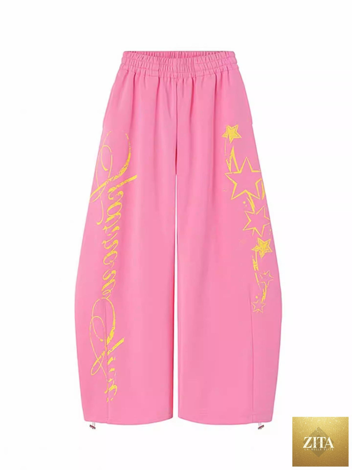 Casual women's pants with retro print letter design, featuring a drawstring waist and relaxed fit, suitable for everyday wear.