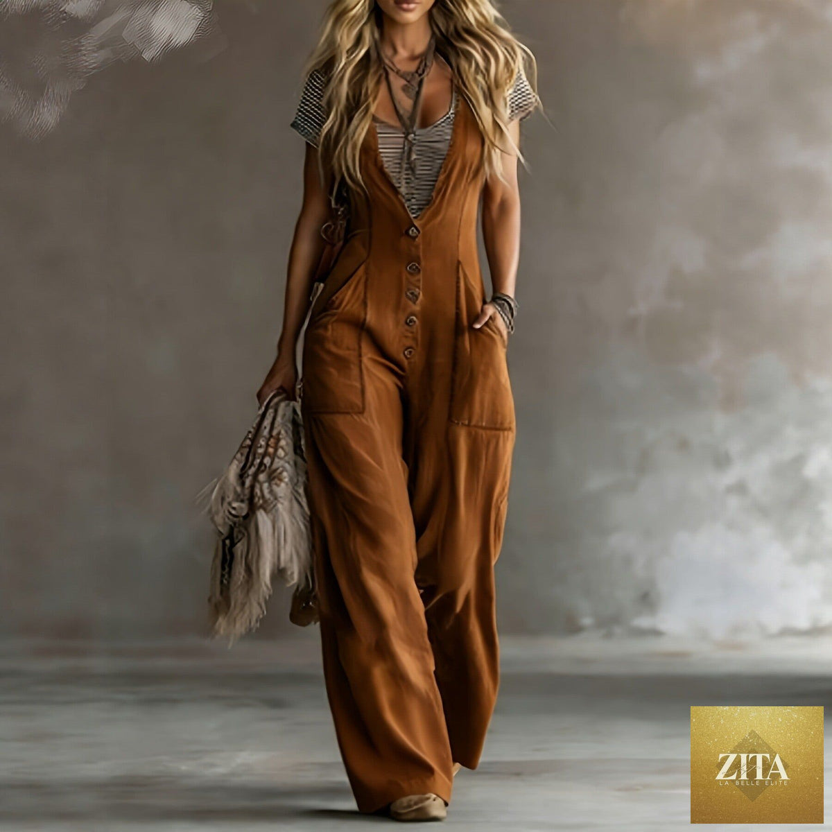 Zita La Belle Elite sleeveless loose wide-leg jumpsuit with two pockets, shown in two of four available colors.