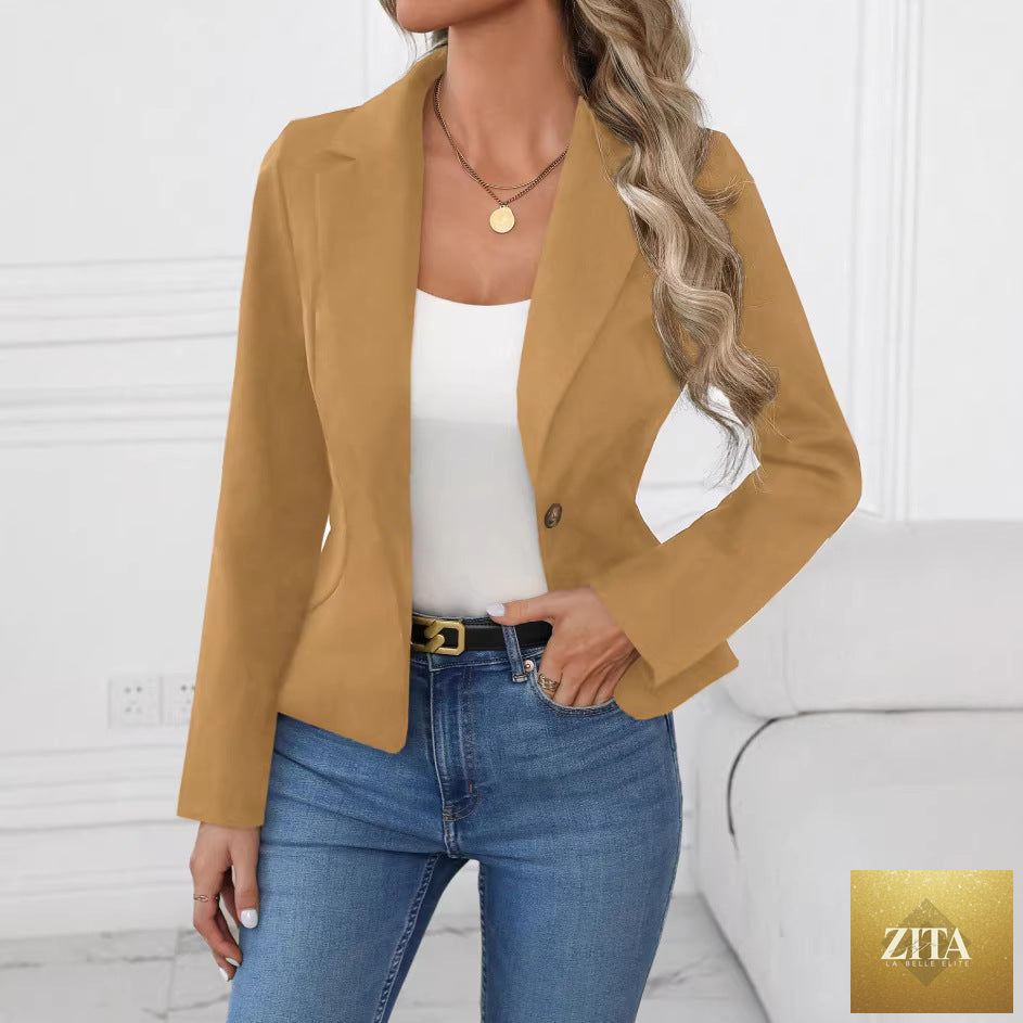 Women's slim fit solid color blazer by FitiqueFit, French style long sleeve coat with tailored design and classic collar.