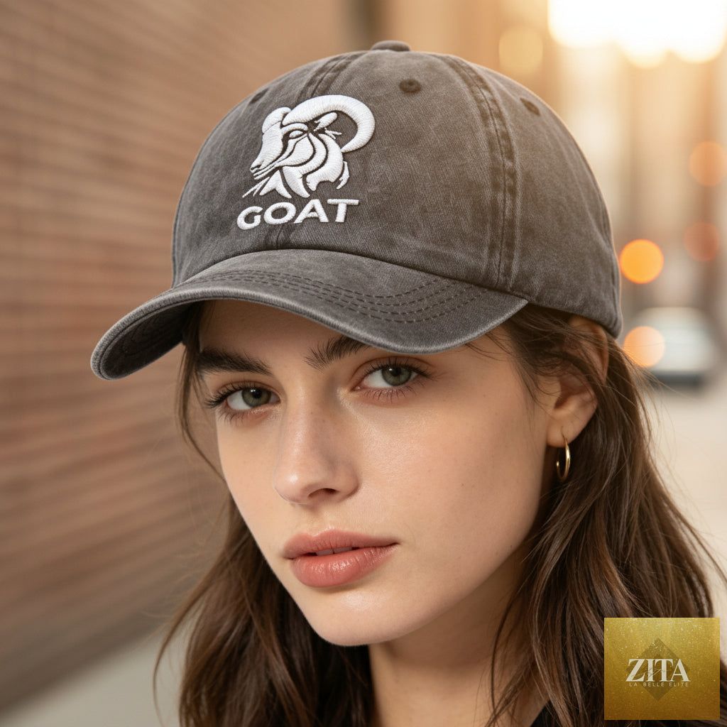 Zita La Belle Elite GOAT Ram embroidered vintage washed baseball cap with adjustable strap and unstructured low profile design.