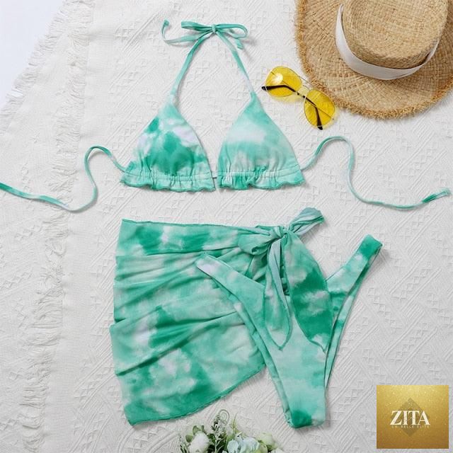 Stevvex 3-piece women's bikini set includes high-cut swimsuit, halter top, wrap skirt, lace-up strings, backless design, and triangle shape.