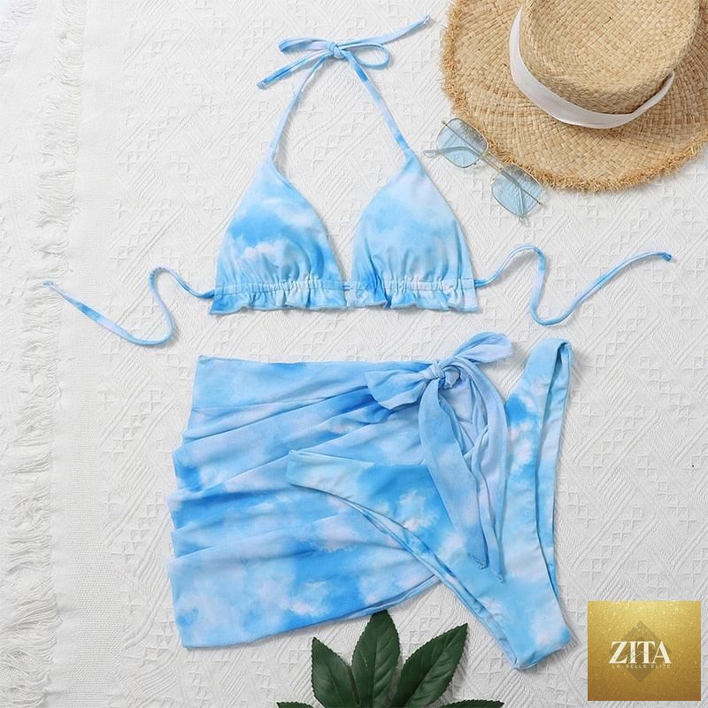 Stevvex 3-piece women's bikini set with high-cut design, halter top, wrap skirt, and lace-up strings, backless bathing suit for women.