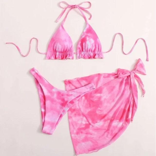 Stevvex 3-piece women bikini set with high cut, halter top, wrap skirt, lace-up strings, backless design, stylish swimwear for women.