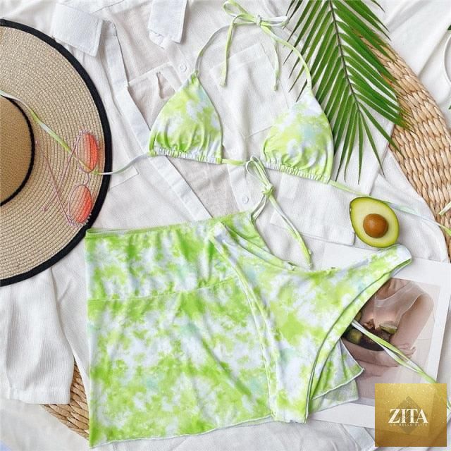 Stevvex 3-piece women's bikini set with high-cut, halter top, wrap skirt, lace-up strings, backless design, stylish swimwear.