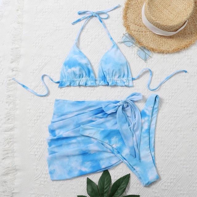 Stevvex 3-piece women’s bikini set with high-cut swimsuit, halter top, wrap skirt, lace-up strings, and triangle backless design.