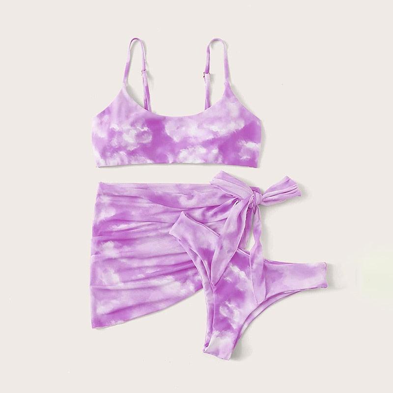Stevvex 3-piece women's high-cut bikini set with halter top, wrap skirt, lace-up strings, backless design, perfect for summer swimming.
