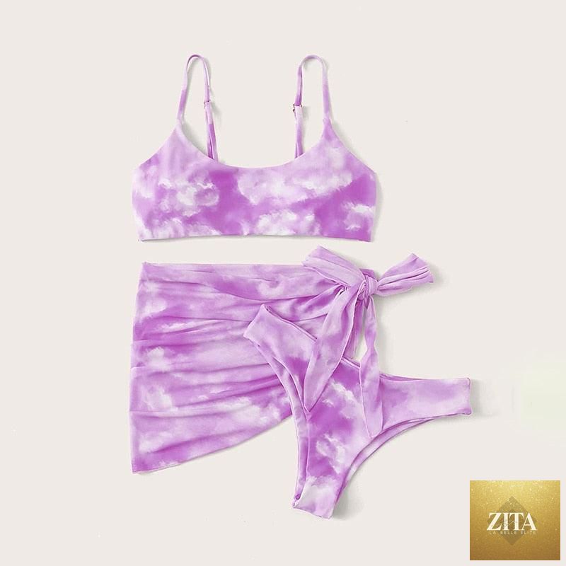 Stevvex 3-piece women's high-cut bikini set with halter top, wrap skirt, lace-up strings, backless design, perfect for summer swimming.
