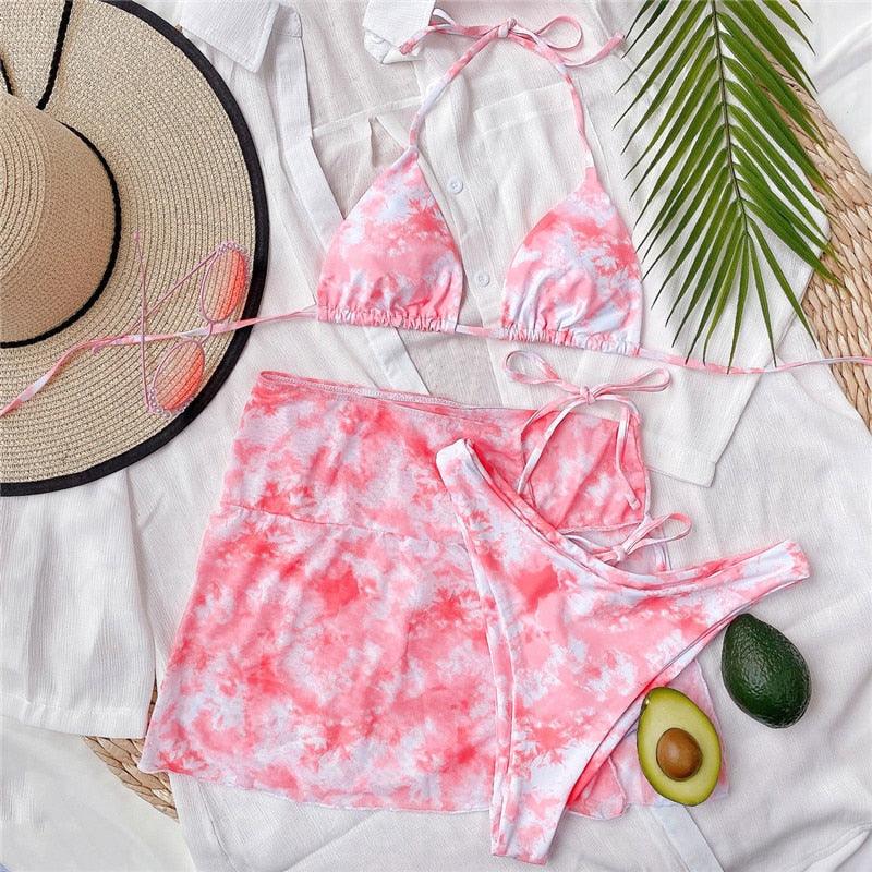 Stevvex 3-piece women’s bikini set with high-cut, halter top, wrap skirt, lace-up strings, backless design, stylish swimwear for women.