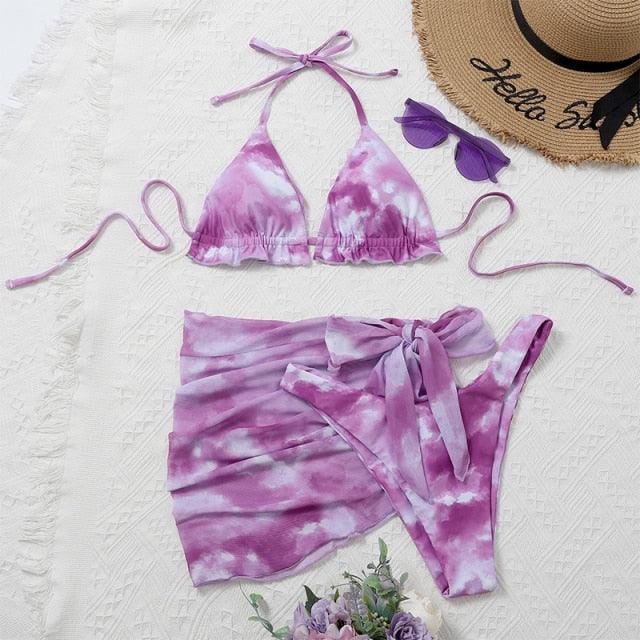 Stevvex 3-piece women's bikini set with high cut, halter top, wrap skirt, lace-up strings, backless design, perfect for beachwear.