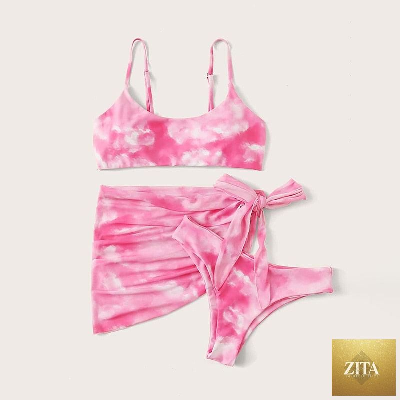 Stevvex 3-piece women's bikini set with high-cut design, halter top, wrap skirt, lace-up details, and backless bathing suit.