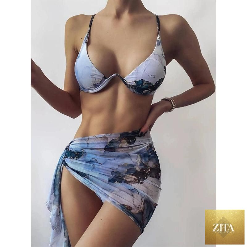 Stevvex 3-piece women's bikini set with high-cut design, halter top, wrap skirt, lace-up strings, backless bathing suit, stylish swimwear