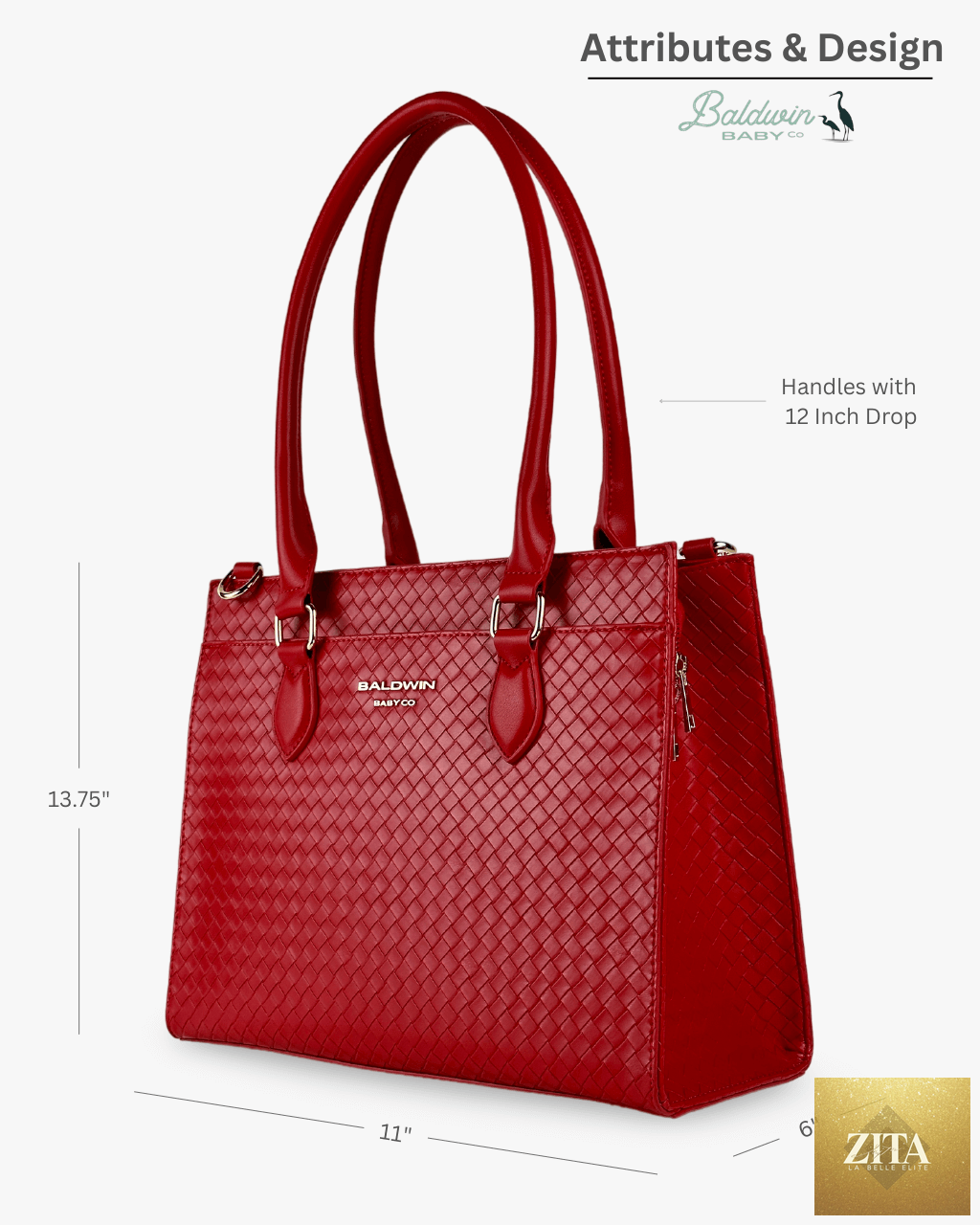 Baldwin Baby Company Montrose Diaper Bag Tote in cardinal red, showing side and front view with multiple compartments.