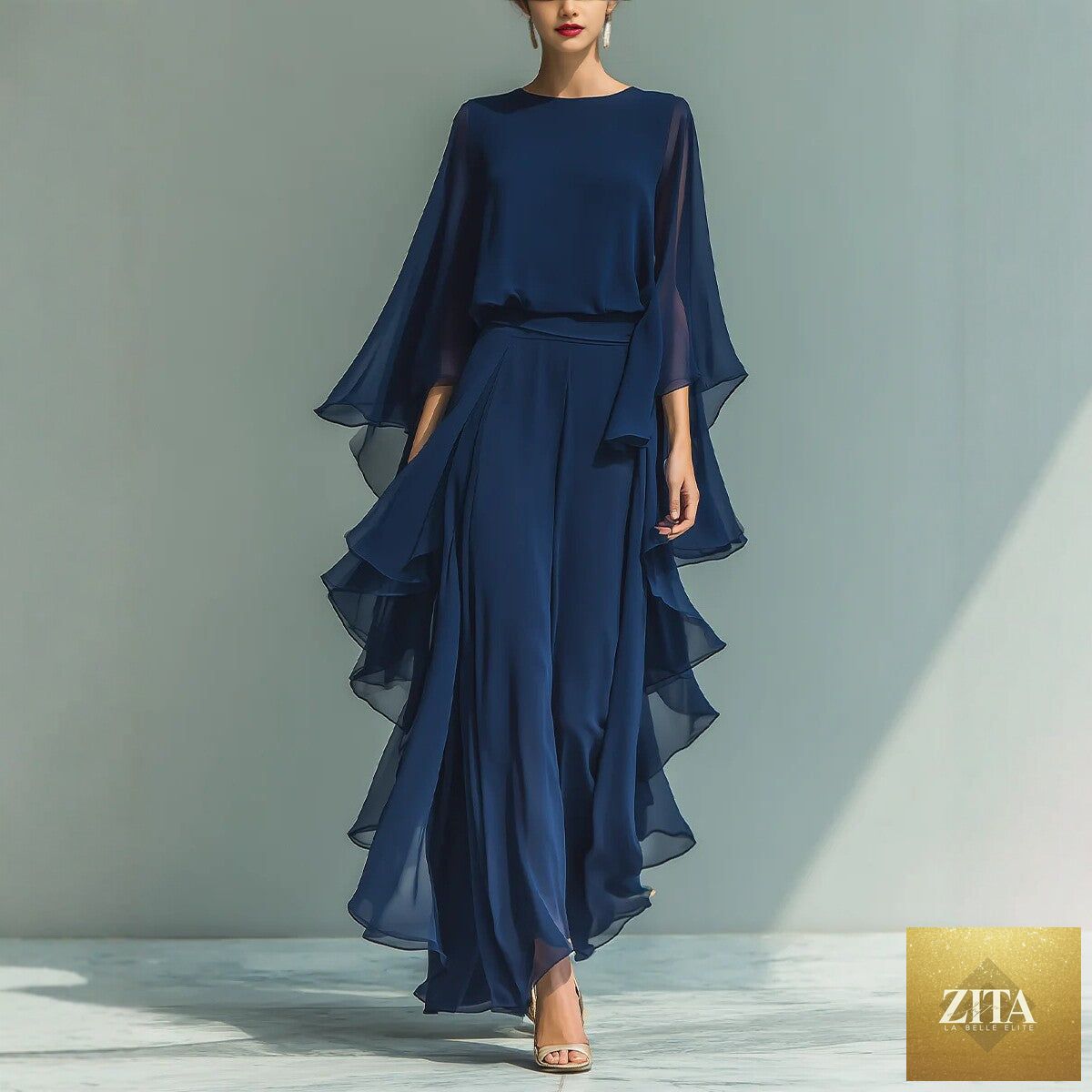 Deep Blue ruffle wide-leg pants and top two-piece set for women, featuring batwing sleeves, by FitiqueFit.