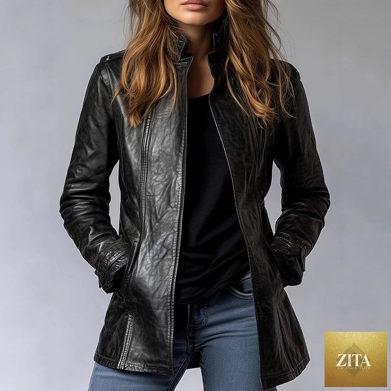 Vintage style PU leather jacket by FitiqueFit, mid-length open cardigan with pockets, stylish and versatile leather coat.