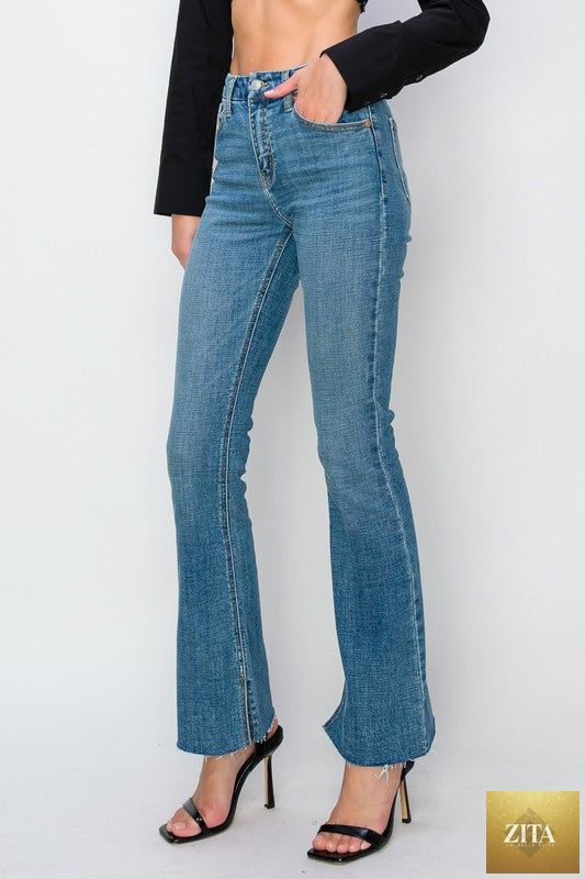 Artemis Vintage paisley high rise flare jeans for women, in regular and plus sizes, showing the detailed paisley pattern and flared leg design.