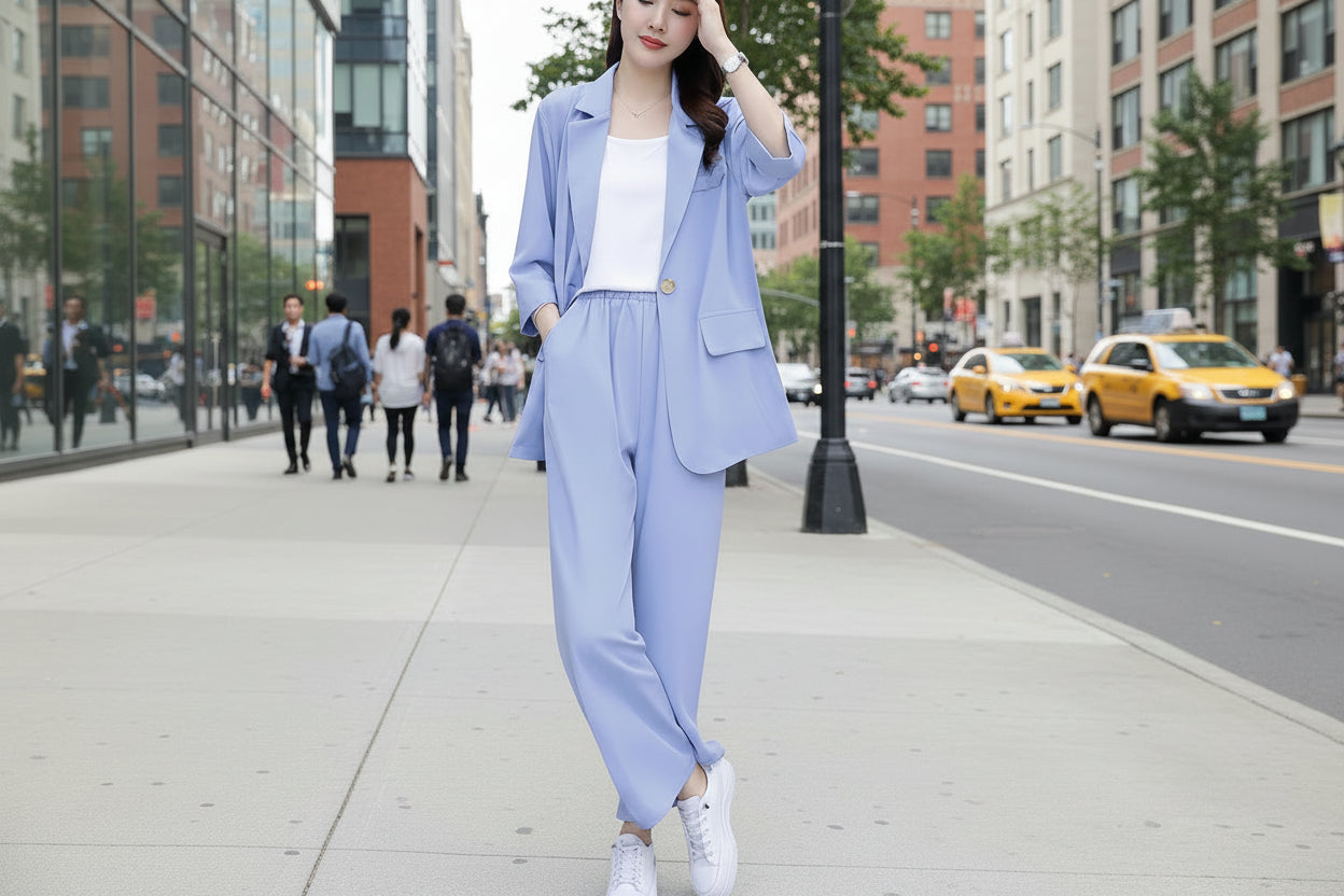 FitiqueFit long sleeve suit jacket and pants two-piece casualwear set in three colors, available in sizes M to 6XL.