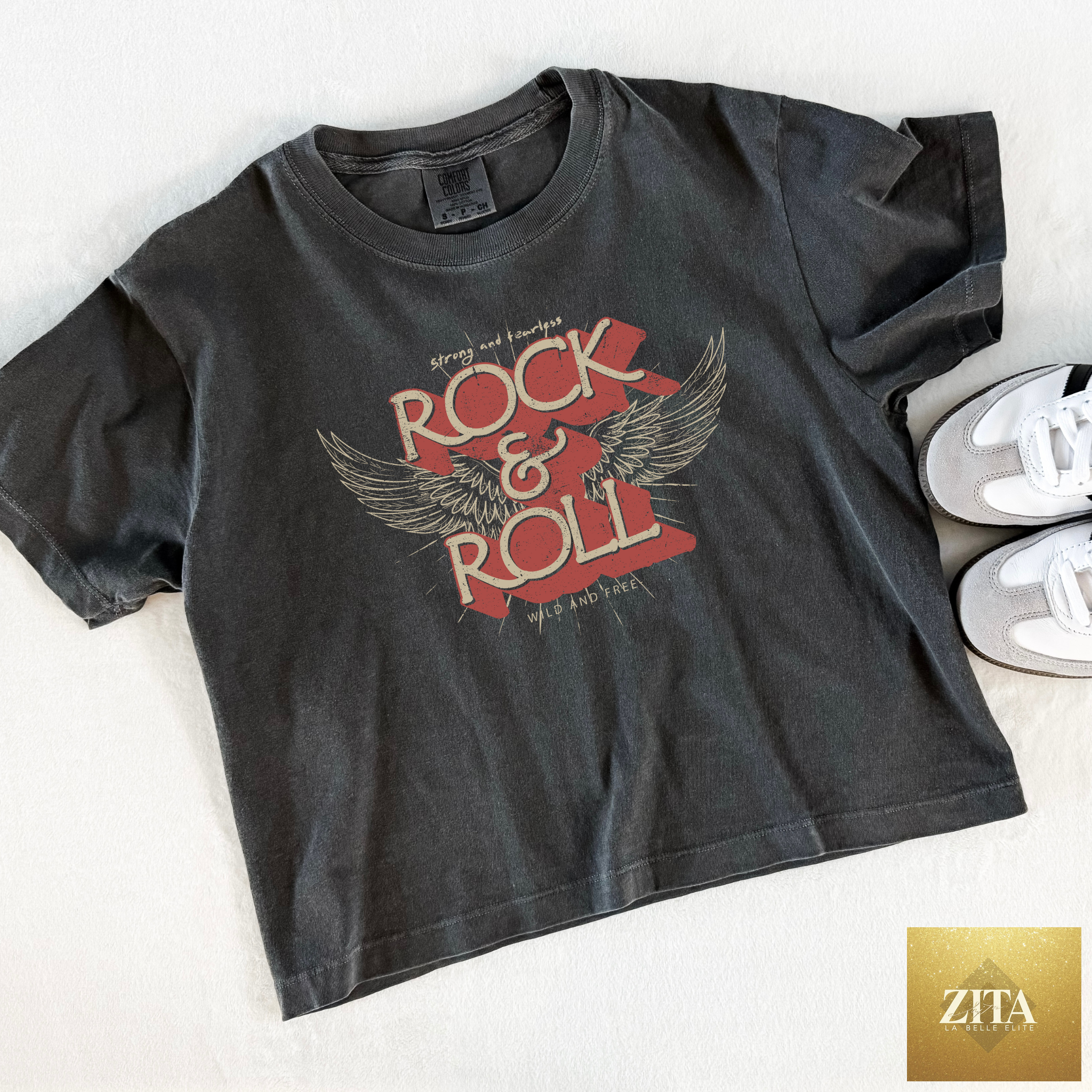 Hey Jude Graphic Tees Rock & Roll graphic cropped T-shirt with vintage wash, boxy fit, featuring bold rock design.