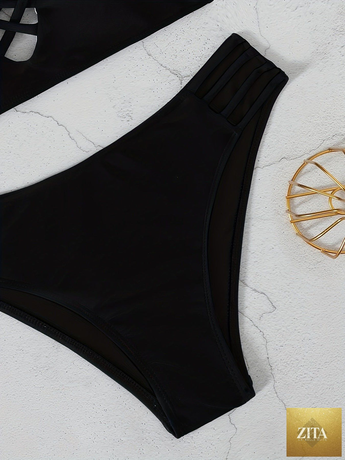Stevvex Noir Allure criss cross bikini set for women with high waist, hollow out design, buckle detail, adjustable spaghetti straps.